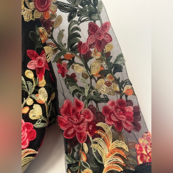 Women's Embroidered Black Baby Doll Long Sleeve Shirt Size Small Oversized Boho - Picture 10 of 11